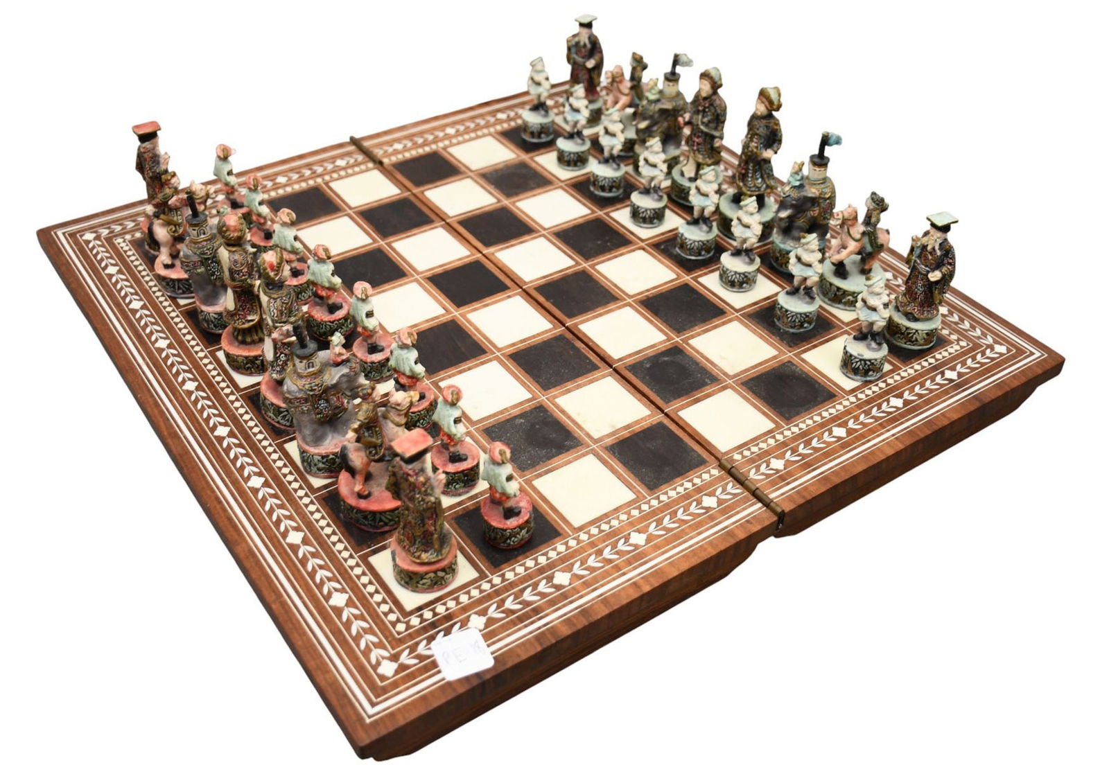 Chess Set, Oriental Themed Lead Figures on Hinged Wood Board with Inlay (1 of 8)