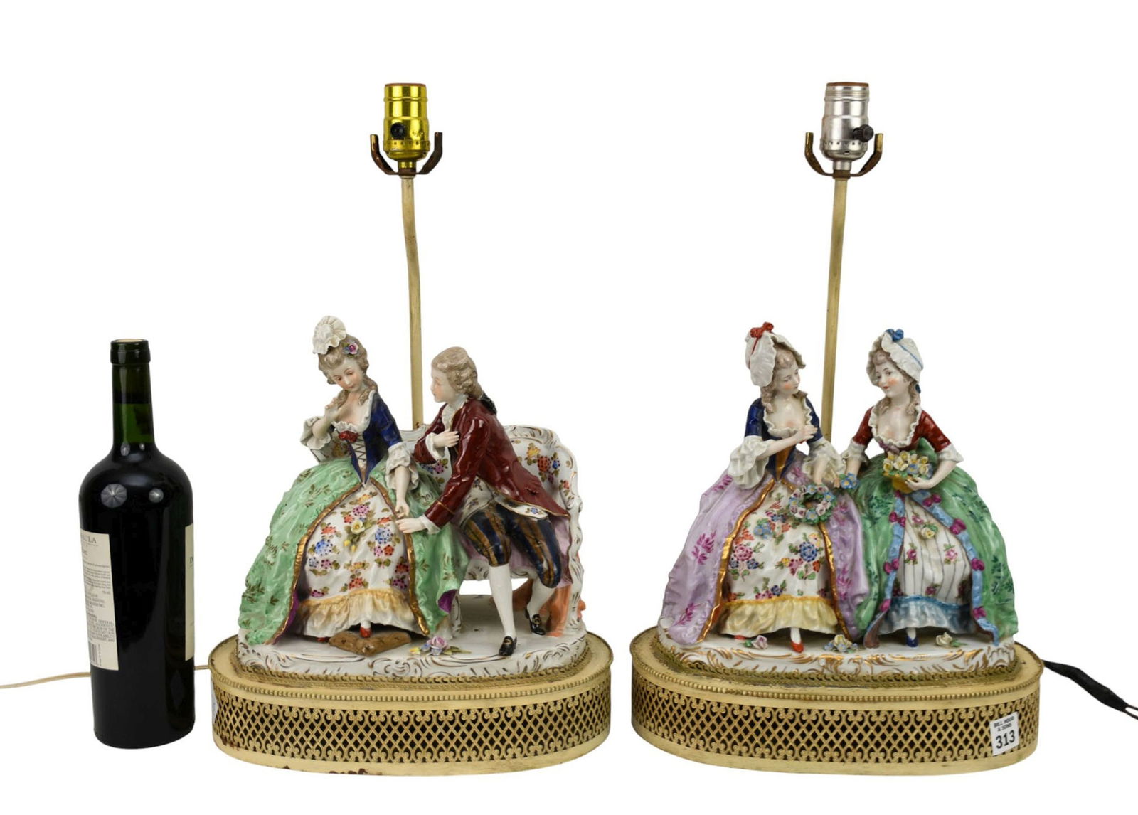 2 Antique German Porcelain Figural Lamps, 19"h top of socket x 15"w (1 of 7)