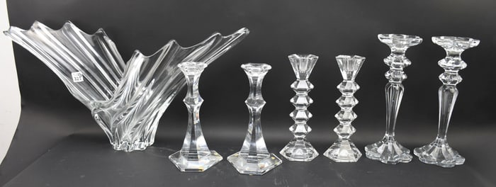 Large Free Form Centerpiece/Bowl, Signed Illegibly (13"h x 25"w) AND 3 Pr. Crystal Candlesticks