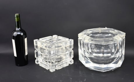2 Lucite Pcs, Octagonal Hinged Ice Bucket AND Square Hinged Cooler/Ice Bucket