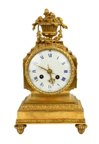 Antique Dore Bronze Mantle Clock with Porcelain Face, 12"h x 11"w