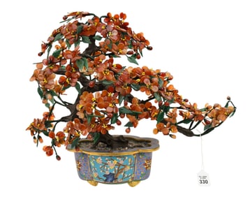 Amber Color Stone Petals & Jade Leaves (Jade Tree) in Cloisonne Jardiniere, 16"H x 19"w