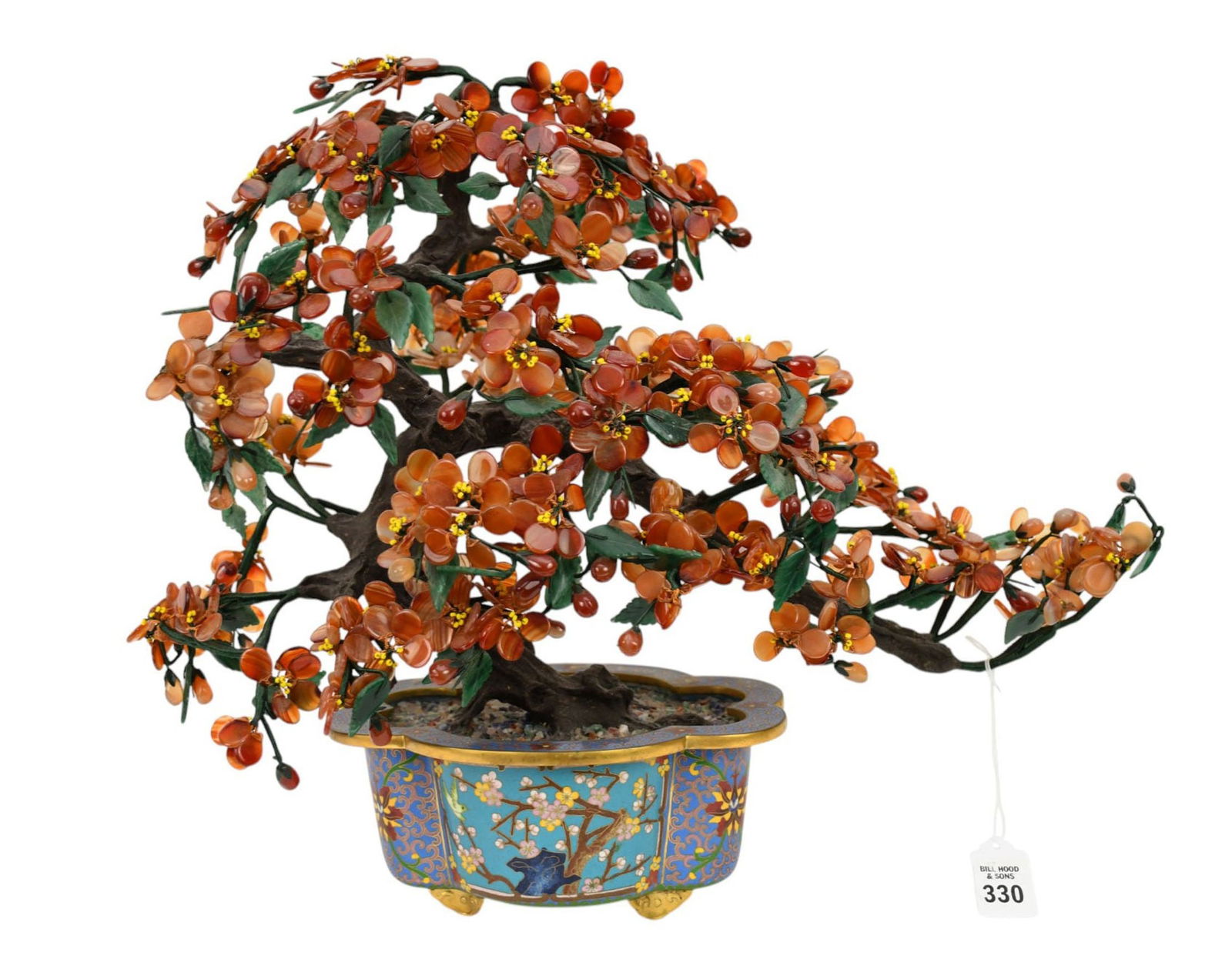 Amber Color Stone Petals & Jade Leaves (Jade Tree) in Cloisonne Jardiniere, 16"H x 19"w: Amber Color Stone Petals & Jade Leaves (Jade Tree) in Cloisonne Jardiniere, 16"H x 19"w