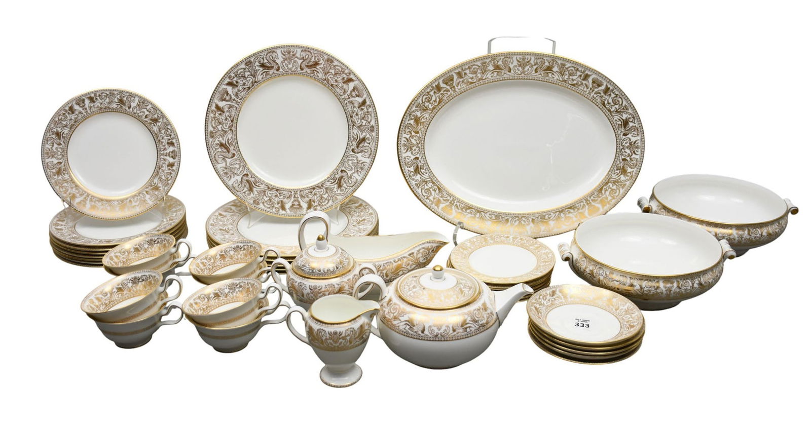 Wedgwood Porcelain Incomplete Set, Florentine Pattern, 6 Dinner Plates (10 3/4"dia), 8 Salad Plates: Wedgwood Porcelain Incomplete Set, Florentine Pattern, 6 Dinner Plates (10 3/4"dia), 8 Salad Plates (8"dia), 7 B&B Plates, Oval Platter (15 1/4"L), 2 Round Open Vegetable Dishes, Gravy Boat, Teapot, C