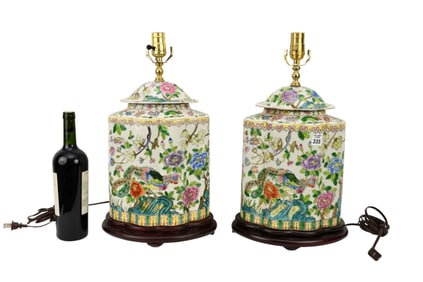 Pair Chinese Motif Decorative Porcelain Lamps, Multi-Color Flora & Fauna on White Ground (20"h x