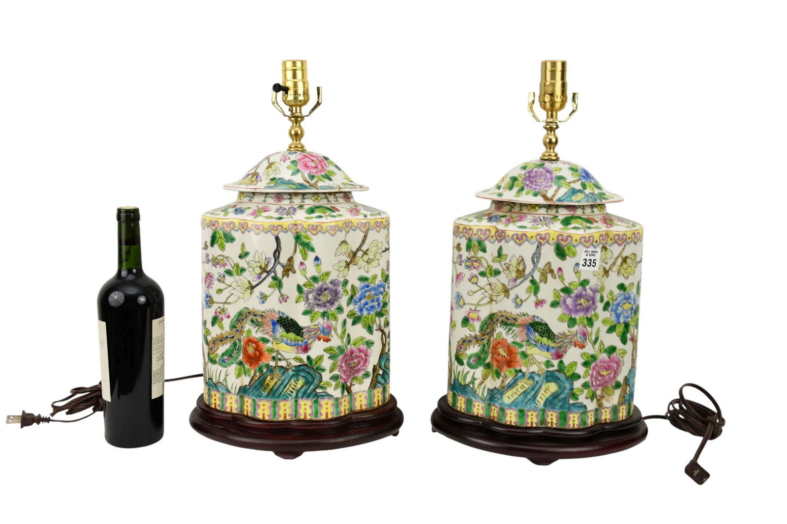Pair Chinese Motif Decorative Porcelain Lamps, Multi-Color Flora & Fauna on White Ground (20"h x (1 of 5)