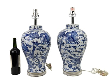 Pair Decorative Chinese Dragon Motif Porcelain Lamps on Lucite Bases, Blue on White Ground, 22"h x