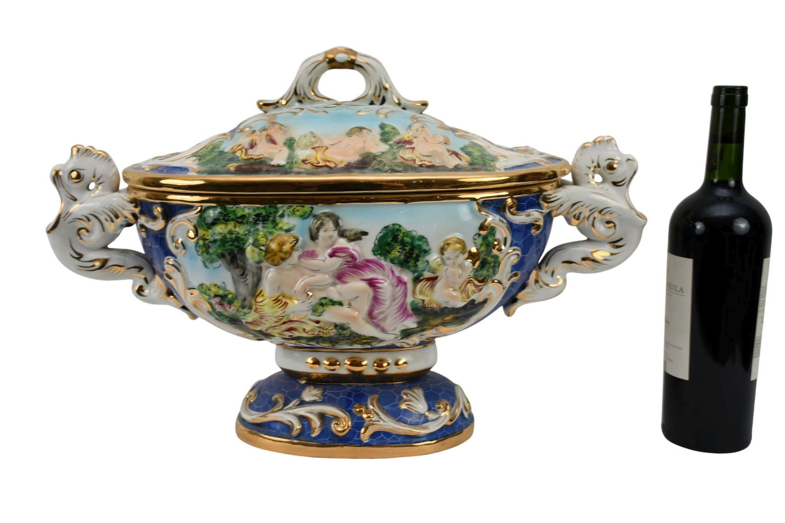 Capodimonte Oval Centerpiece/Tureen, Figures with Gilt Accents & Bird Handles, 14"h x 19"w x 6"d: Capodimonte Oval Centerpiece/Tureen, Figures with Gilt Accents & Bird Handles, 14"h x 19"w x 6"d (hairlines bottom not seen through)