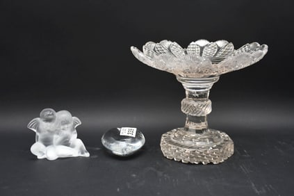 Antique Pedestal Glass Compote, Baccarat Crystal Heart and Lalique Crystal Angels