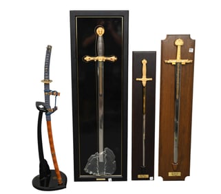 4 Replica Mounted Swords, The Sword of Charlemagne, Excalibur, Napoleon & Samurai
