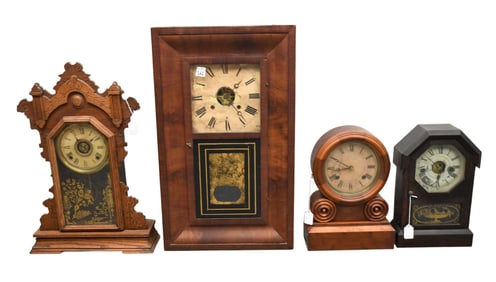 4 Antique Assorted American Clocks (as is), Largest 26"h x 15 1/2"w x 4 1/2"d, Smallest 14"h x 10"w
