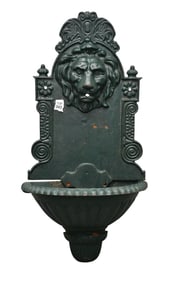 Vintage Iron Garden Lavabo with Lion Head, Painted Green, 30"h x 15"w