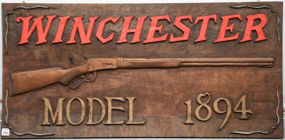 Winchester Carved Panel Sign: Winchester model 1894, Carved out of a single piece of wood, carved in