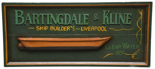 20th Century Carved wood sign Bartingdale & Kline, ship builder Liverpool Clearwater, overall size