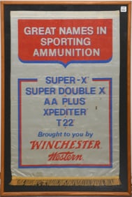 Silk Advertising Flag Great Names in Sporting Ammunition Winchester- framed under glass,  37 1/2 x