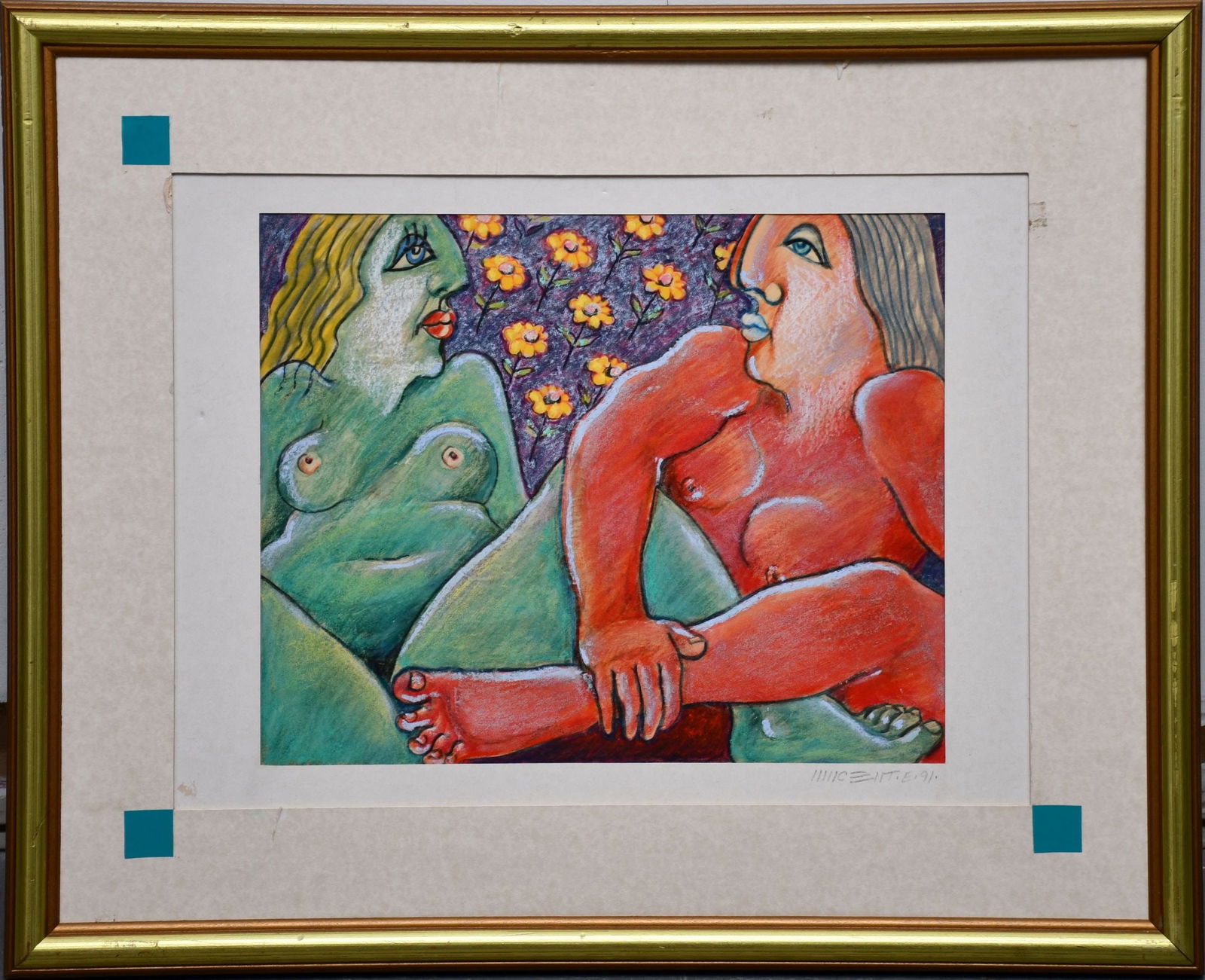 VINCENTE NOTARILE (20th c, American) Pastel Cubist Drawing 2 figures. Site size 10 x 12 inches. (1 of 4)