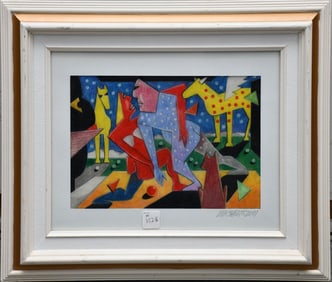 VINCENTE NOTARILE (20th c, American) Modernist Drawing, Dancing figures w/ animals.7-3/4 x 11