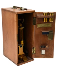 R & J Beck Ltd. Microscope, England, C. 1900 - Continental style brass microscope with case. Rack &
