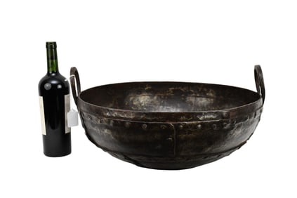 Large Indian Riveted Iron Kadai Fire Pit Bowl - Large and heavy vintage fire pit cooking bowl of