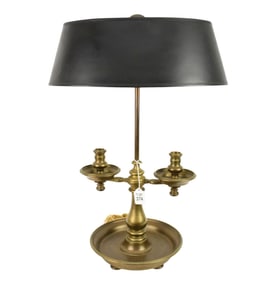 Vintage French Bouillotte Brass Lamp - Two candelabra arms, round base. Black shade. Electrified