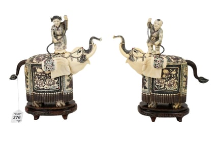 Pair Antique Chinese Carved Elephant Figures - Qing Dynasty. A pair of carved and inked 'bone'