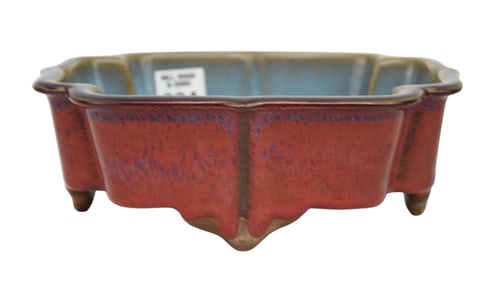 Chinese Flambe Glazed Lotus Form Pot - A stoneware bonsai pot, basin or brush washer with a four