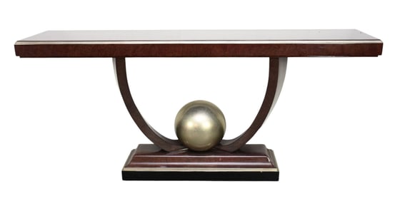 Modern Laminate Console with Silvered Orb At Base, 33"h x 71"w x 16