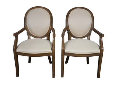 Pair Armchairs, Oval Backs with Ivory Silk Moire Upholstery (one seat cushion