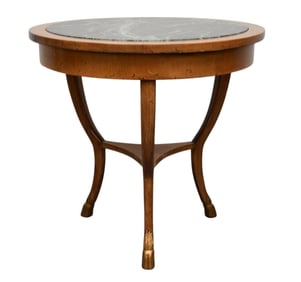 Fruitwood Side Table with Green Marble Insert on 3 Legs with Hoof Feet, Made in Italy, 27"h x