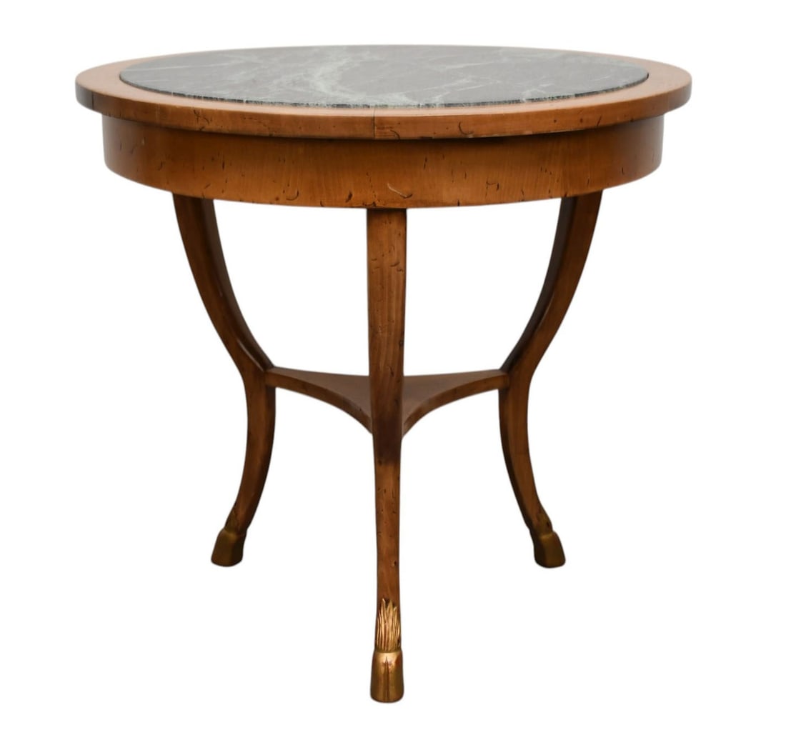 Fruitwood Side Table with Green Marble Insert on 3 Legs with Hoof Feet, Made in Italy, 27"h x: Fruitwood Side Table with Green Marble Insert on 3 Legs with Hoof Feet, Made in Italy, 27"h x 28"dia ***If this item is not picked up by the Friday following the auction, it will be moved to offsite s