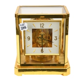 Jaeger LeCoultre Atmos Mantel Clock, Swiss ca.1960s, featuring a brass and glass case with a brass