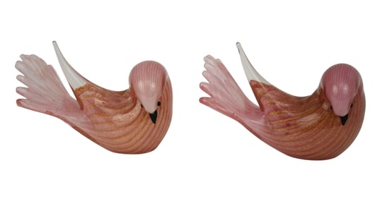 Pair Pink Murano Artist Signed Birds