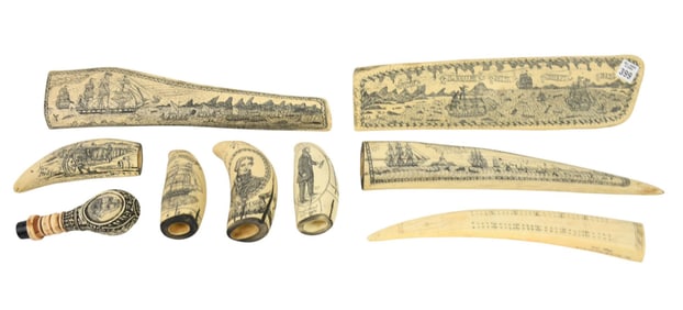 Lot of 9 Faux Scrimshaw, Incl. One Cribbage Board