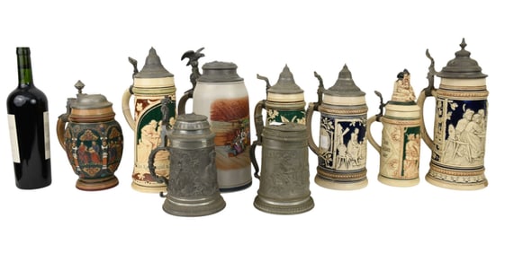 9 Assorted German Steins, Approx. 12" tallest, 9" shortest