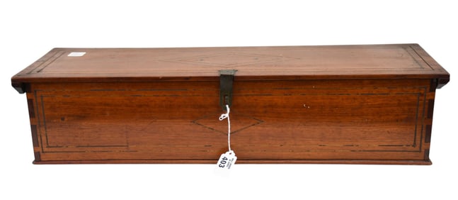 Antique Dovetailed Document Box with Brass String Inlay Design, 6"h x 25 1/4"w x 7 3/4"d