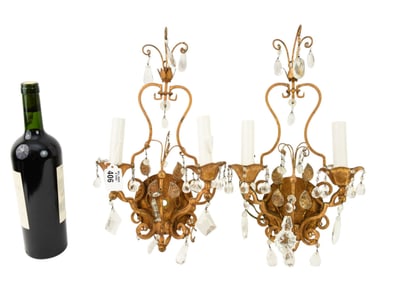 Gilt Metal Double Branch Wall Sconces, 17"h x 9"w
