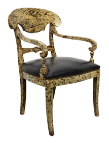 Single Decorative Painted Armchair, Black Leather Type Upholstered Seat with Nailheads