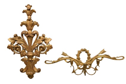 2 Giltwood Wall Decorations, 2 Branch Sconces AND Wall Hanging Urn & Leaf Motif
