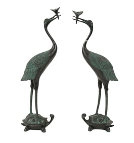 Pair Metal Waterfowl on Turtles, 16"h