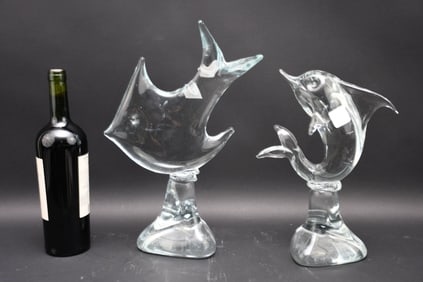 2 Glass Sculptures, Fish (16"h) & Dolphin (13"h)