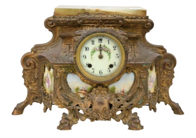 Continental Antique Mantle Clock, Gilt Metal & Porcelain Case, 11 1/2"h x 17"w