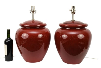 Pair Oversized Ginger Jar Form Lamps, Black Flecks Throughout Red Body, 22"h top of socket x 15"w