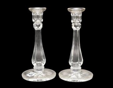 Pair William Yeoward Glass Candlesticks, 10"h x 5"wide base