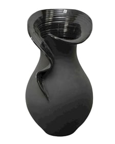 Contemporary Black Ceramic Oversized Vase, Glazed Interior with Matte Motif Finish, 40"H x
