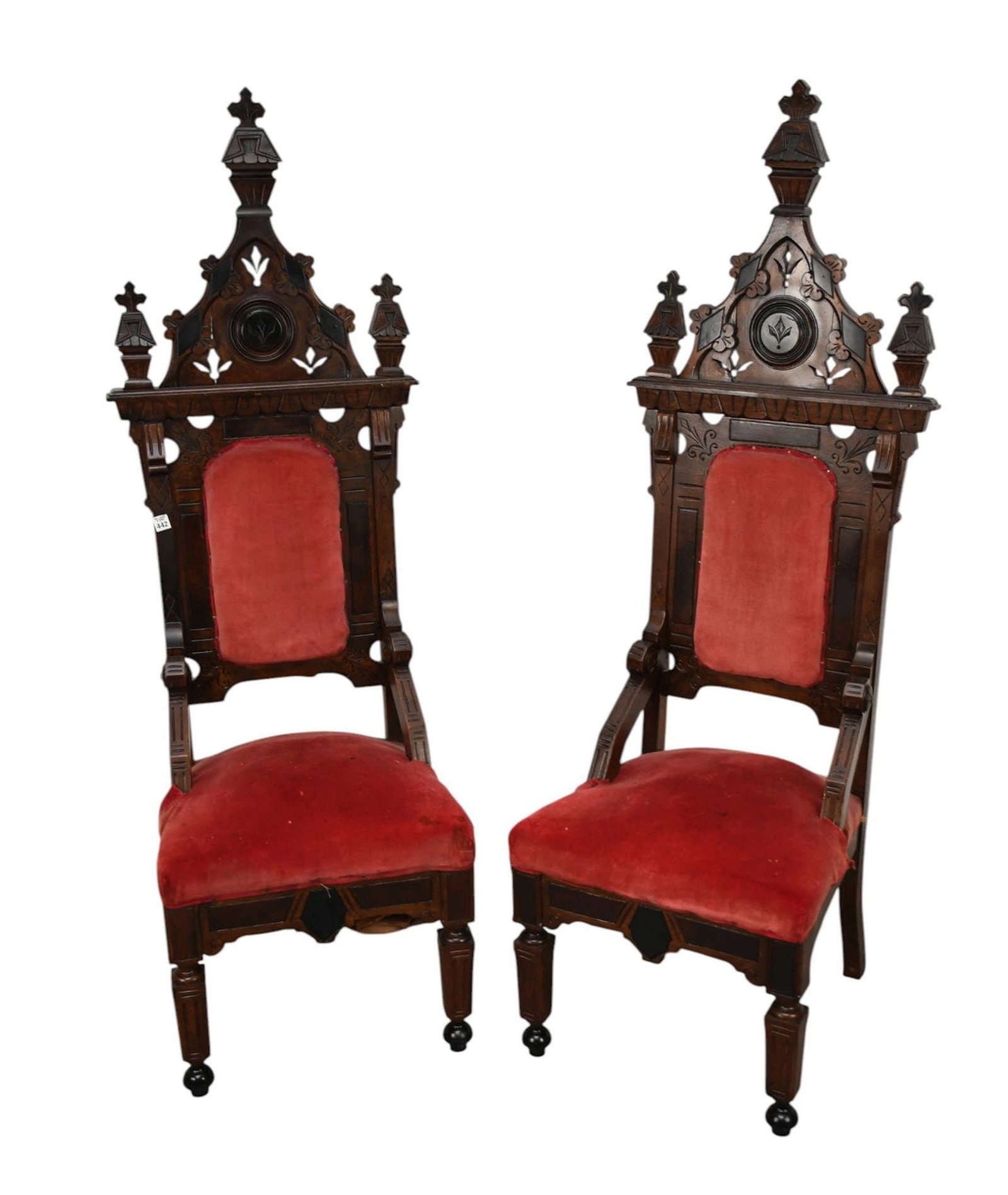 Pair Carved Gothic Chairs with Red AS IS Velvet Upholstery, 63"h x 20"w x 19"d (age cracks in: Pair Carved Gothic Chairs with Red AS IS Velvet Upholstery, 63"h x 20"w x 19"d (age cracks in wood) ***If this item is not picked up by the Friday following the auction, it will be moved to offsite st
