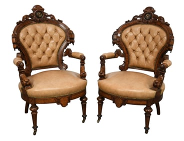 Pair Renaissance Revival Carved Armchairs with Leather Type Tufted Back, 47"h x 27"w x