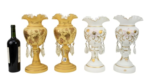 2 Pair (4pc) Vintage Lustres, Fluted Shade With Gilt Floral Accents AND White Satin Glass Lustres