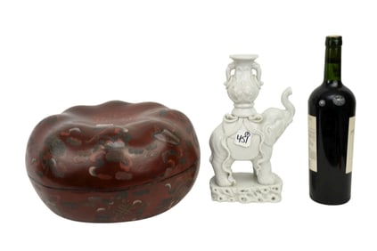 Lacquered Gourd Shape 2 pc. Box (7"h x 12") AND Asian Blanc de Chine Elephant Vase (11"h x 6"w)