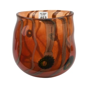 Art Glass Vase, Illegible Signature,2001, Amber with Vertical Design, 7 1/2"h x 6 1/2"w x 4"w