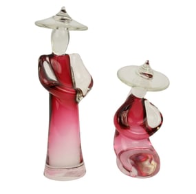2 Art Glass Oriental Figures, Signed Illegibly, 6"h x 3"w